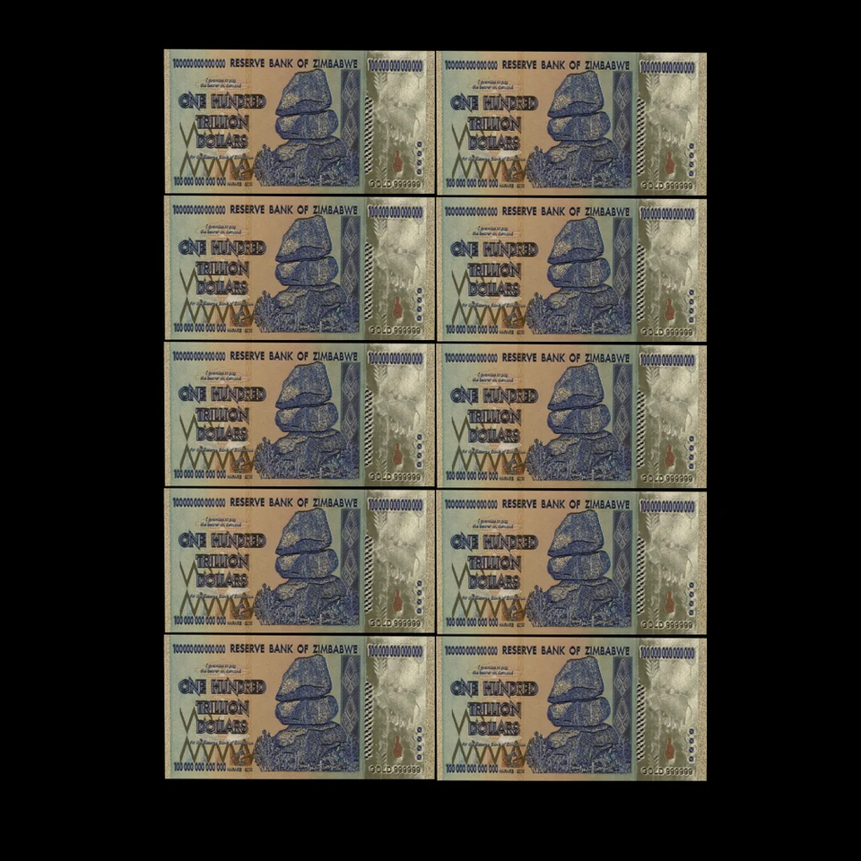 10pcs Zimbabwe Gold Foil 100 Trillion Dollars Banknote Bill World Money Collect