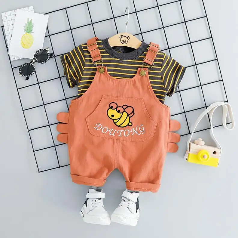 Летние комплекты одежды для маленьких девочек и мальчиков; комплекты одежды для младенцев; футболка в полоску; шорты с вышивкой и рисунком; Детский костюм - Цвет: BQN mifeng S Orange
