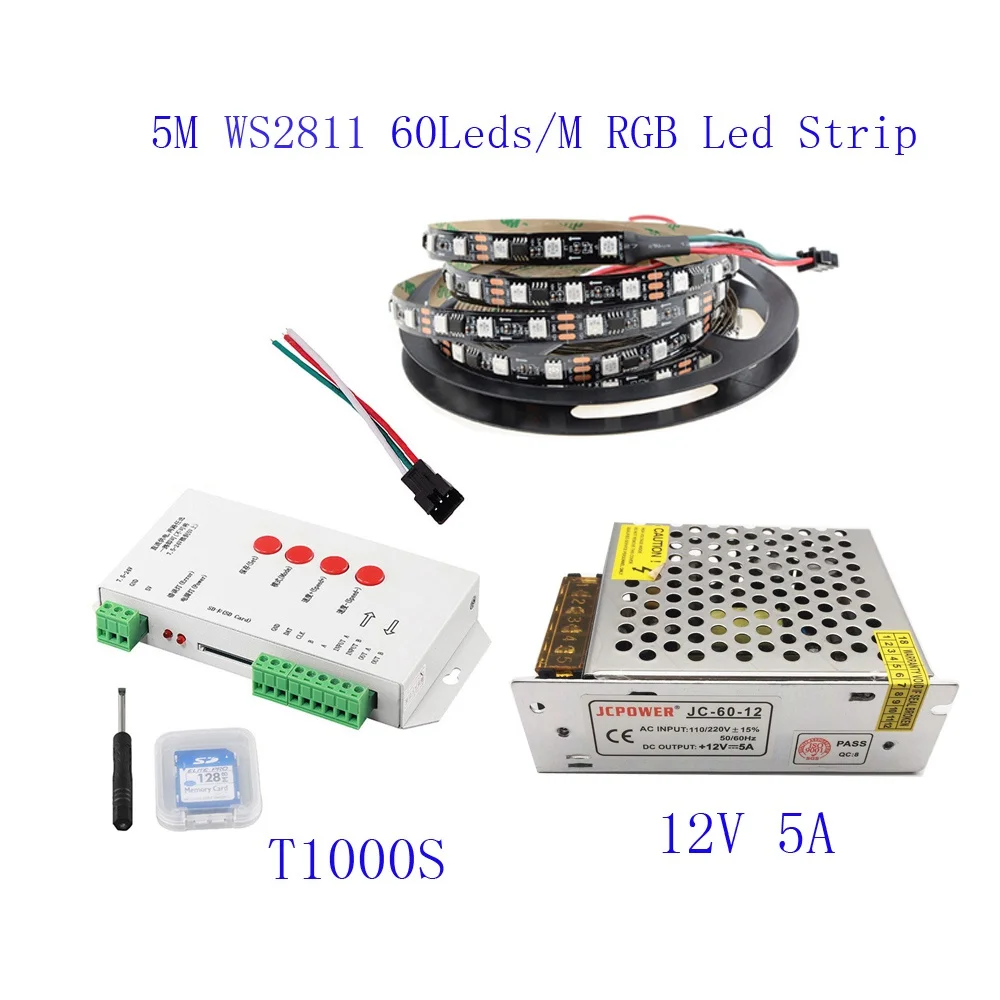 20 м 15 M 10 м 5 м WS2811 Светодиодные ленты WS2811 IC 60 Светодиодный s/M RGB Smart Pixel полосы + T1000S светодиодный Controller + 12 V светодиодный источника питания