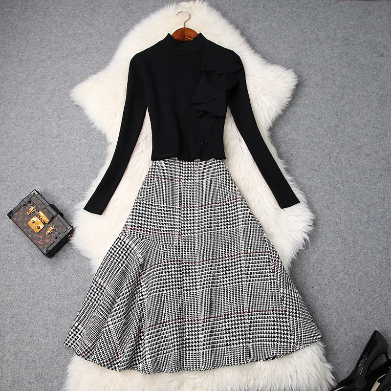 

Women elegant ruffles front knit sweater tops + a-line tweed plaid skirt suits office lady 2 piece set new 2018 autumn