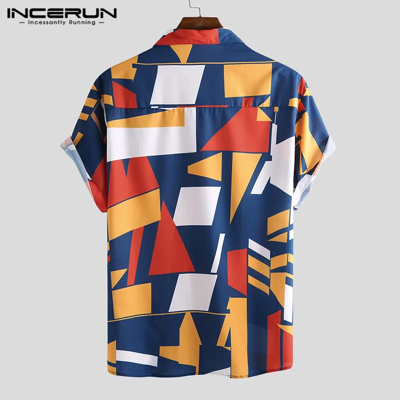 INCERUN Summer Men Beach Shirt Geometric Print Short Sleeve Lapel Neck Button Leisure Hawaiian Shirts Men Streetwear S-5XL