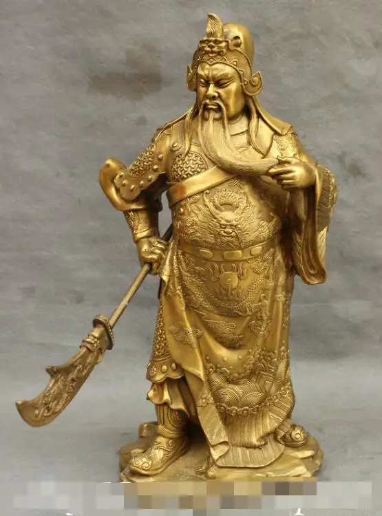 

S03942 15" Chinese Pure Brozne Dragon Warrior GuanGong GuanYu God Sword General Statue B0403