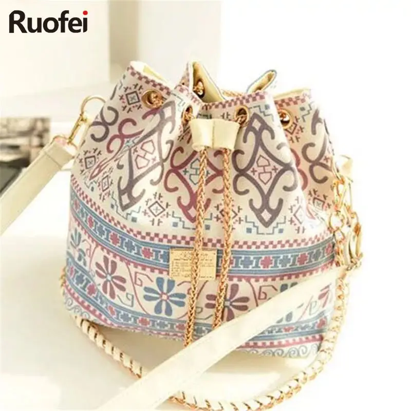 

2019 Fashion New Chains Shoulder Handbags Women's Vintage Messenger Bags Bohemia Canvas Drawstring Lady Bucket Bag Bolsa Feminin