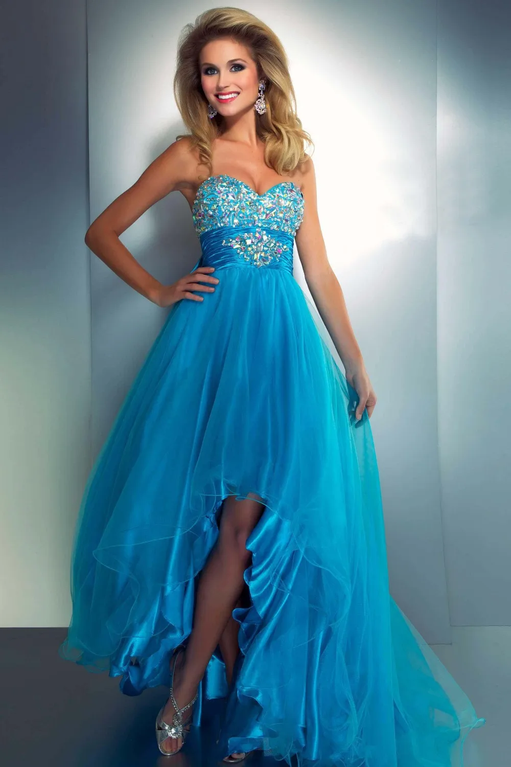 

Fabulous Beading Ruched Sweetheart Bodice Bow Back Turquoise Orange High Low Prom Dress 2014 New Arrival Free Shipping