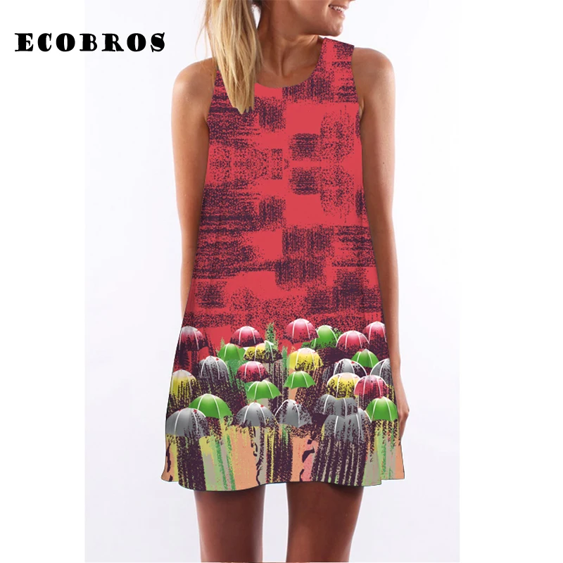 

ECOBROS 2019 New Woman Summer Dress casual sleeveless Loose print mini dresses plus size woman clothing dress free shipping