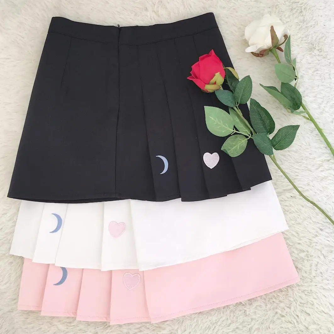 2018 Summer Pleated Skirt Sweet Chiffon Skirt Gothic Love Heart Moon Embroidery A line Skirt
