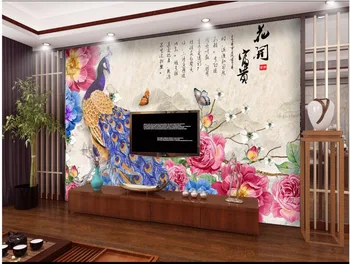 

Custom mural photo 3d wallpaper Chinese vintage peacock peony flowers open TV background 3d wall murals wallpaper for wall 3 d