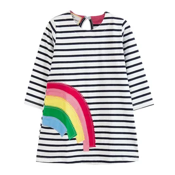 

Hot sale rainbow applique 100% cotton white stripe boutique baby kids girl dress fall