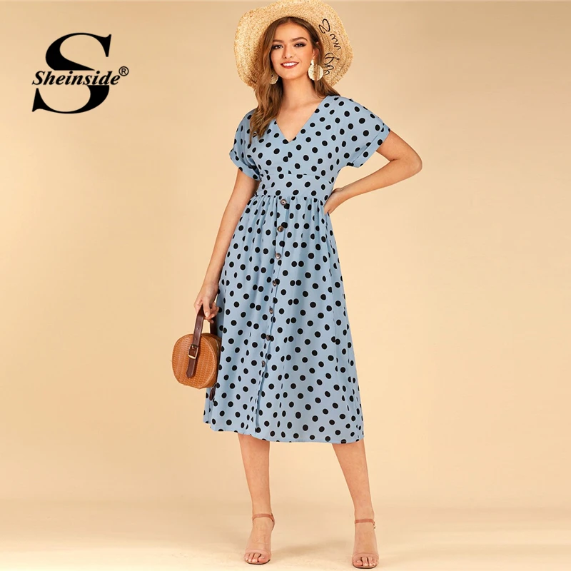 

Sheinside Blue Casual Polka Dot Print Dress Women 2019 Summer Button Detail Raglan Sleeve A Line Dresses Ladies High Waist Dress