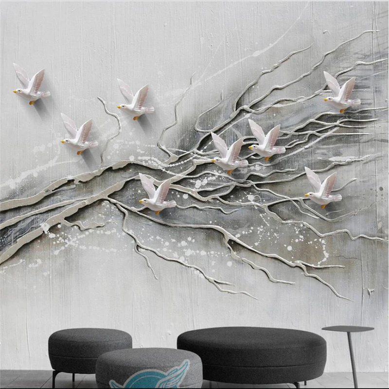 

beibehang 3D Stereo Relief Trees Birds Backdrop Custom Wallpapers Large Mural Wallpapers papel de parede para quarto