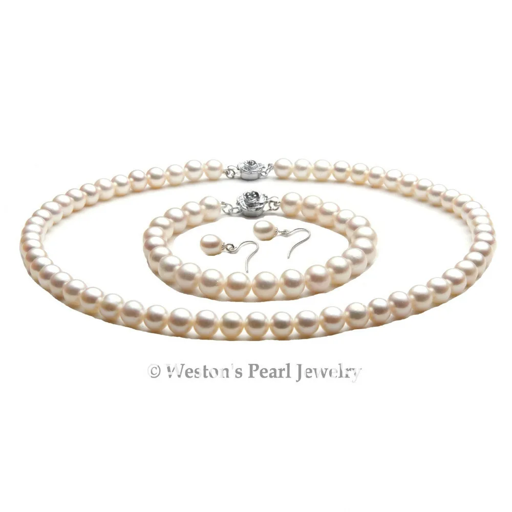 

Jewelry 00170 17" NATURAL WHITE CULTURED FRESHWATER PEARL NECKLACE BRACELET EARRING SET SILVER (A0423)