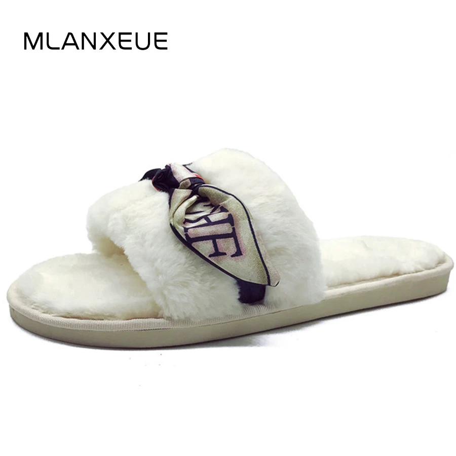 

MLANXEUE Fashion Ribbon Plush Women Slippers Winter Warm Lady Cotton Slippers Shoes Women Soft Sole Fur Female Slippers 2018