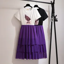 2XL-6XL, летнее женское длинное платье большого размера, повседневное, плюс размер, женское платье с оборками, фиолетовое, имитация двух частей, Платья 5XL
