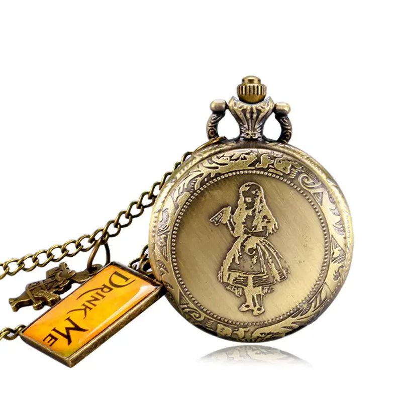 Alice in Wonderland Mad Hatter Rabbit Drink Me Tag Quartz Pocket Watch Dark Brown Glass Necklace Pendant Gifts for Women Girls 2019 2020 2021 2022 (7)