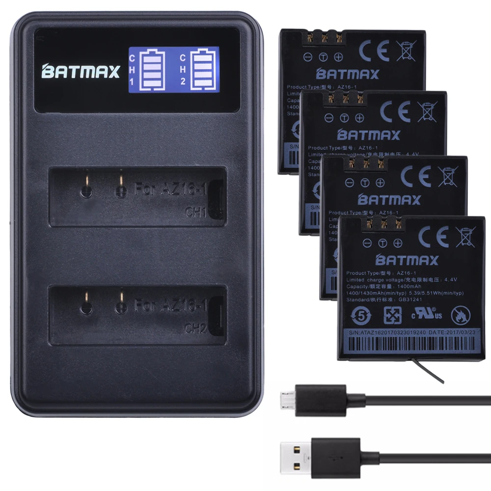 Batmax AZ16-1 Battery 4pcs +LCD USB Dual Charger for Original Xiaomi YI lite 2 4K 4k Xiao yi Action Camera | Электроника