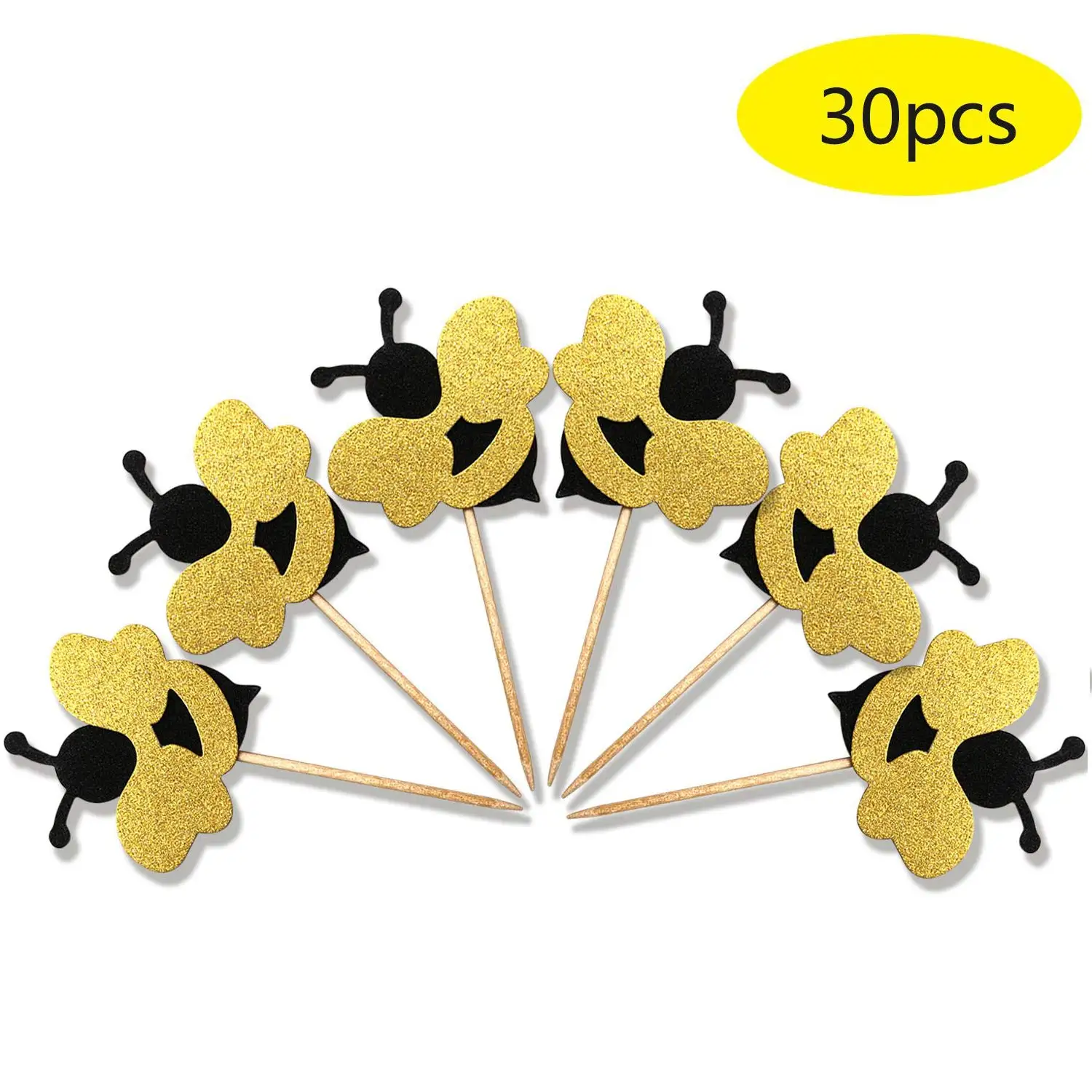 

METABLE 30pcs Glitter Bumble Bee Cupcake Toppers, Baby Bee Gender Reveal Baby Shower Party Cupcake Cake Food Decoration Supplies
