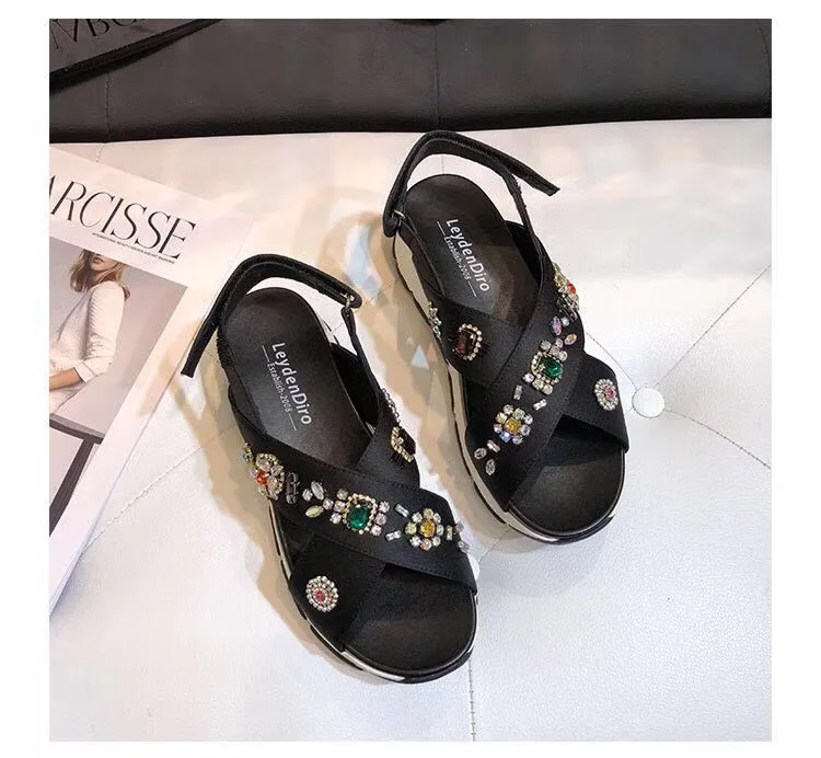women's summer slippers high-heeled leather rhinestone sandals outdoor casual sandals flip-flops thick sandals - Цвет: Черный