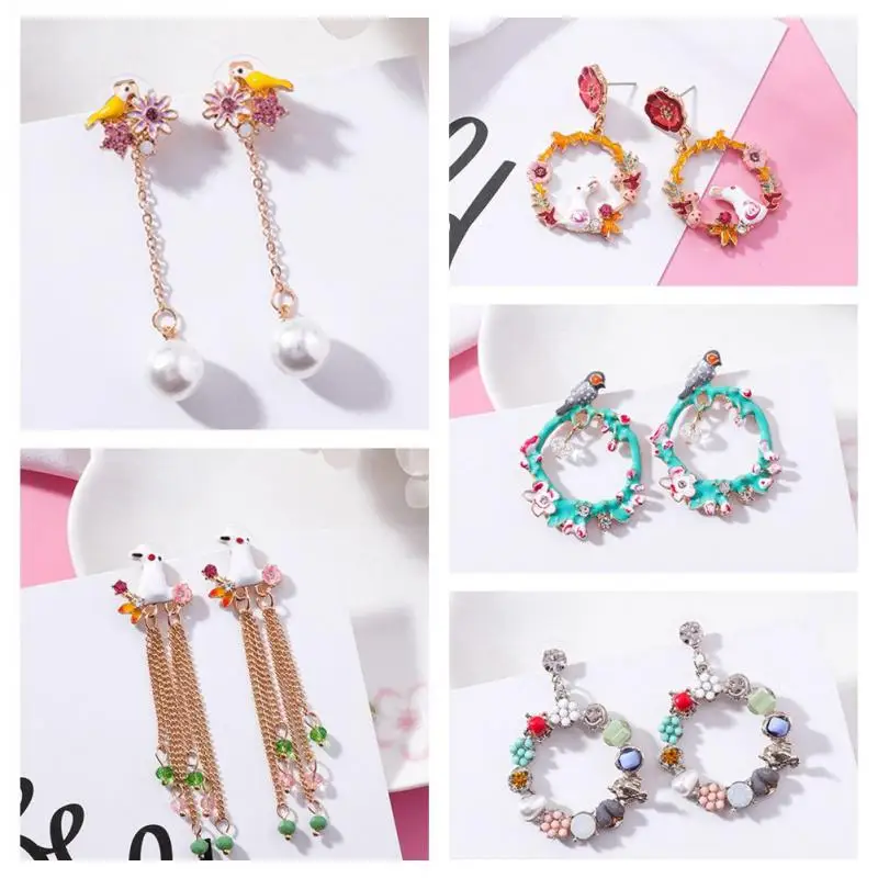 

Sweety Dream Garden Circle Chain Tassel Dangle Earrings Enamel Glazed Cute Rabbit Parrot Animal Earring for Women Girl Jewelry