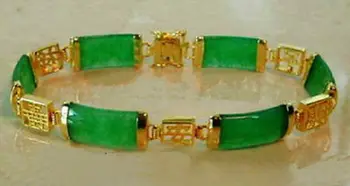 

Free shipping Natural Emerald Green stone 18KGP Fortune Longevity Luck Link Bracelet 7.5"