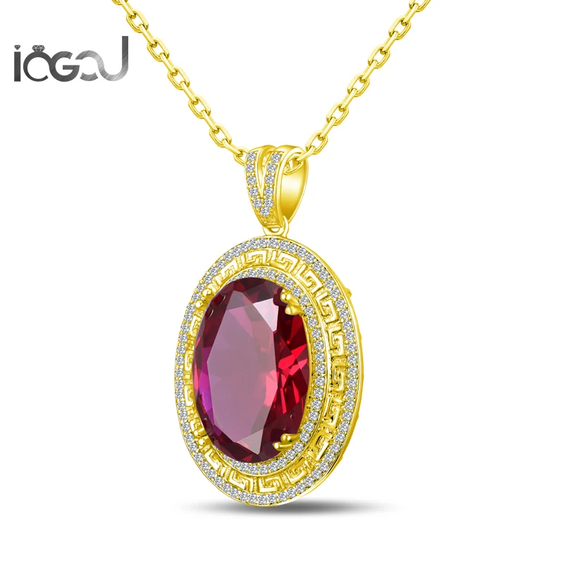 

IOGOU Oval Cut 925 Sterling Silver Red Sona Simulated Yellow Gold Color Pendants HIPHOP Wedding Party 17x24mm Jewelry Gifts