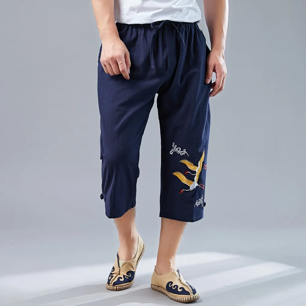 LZJN Men’s Summer 34 Pants Casual Cotton Linen Elastic Waistband Wide Leg Capri Short Bermuda Embroidery Beach Playa Hombre (7)