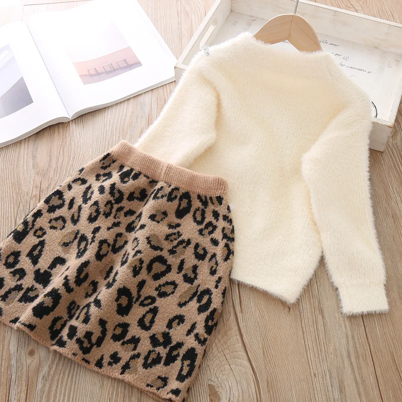 Yorkzaler Autumn Winter Kids Clothing Set For Girls Long Sleeve Sweater With Printed Leopard Skirt Casual Children 2pcs Outfits