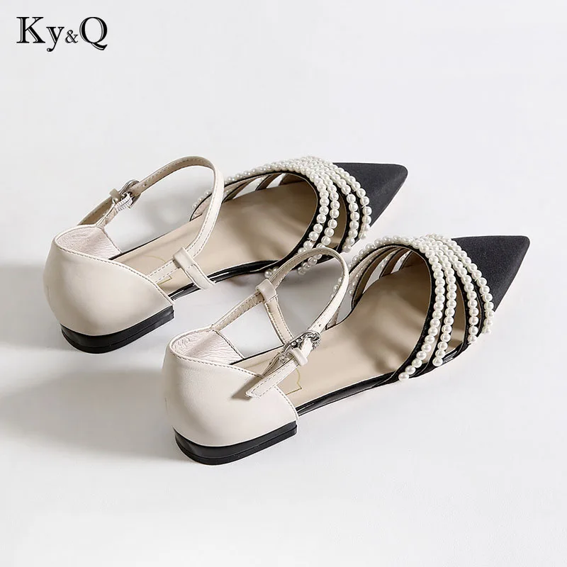 

Summer Runway Peals Women Sandals Genuine Leather Point Toe Flat Shoes 2018 Ladies Party Wedding Bead Cover Shallow Pumps