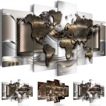 

2019 Abstract HD World Map High Quality 5 Panles Modern Wall Art Home Painting Hotel Painting Map Canvas Printing No Frame