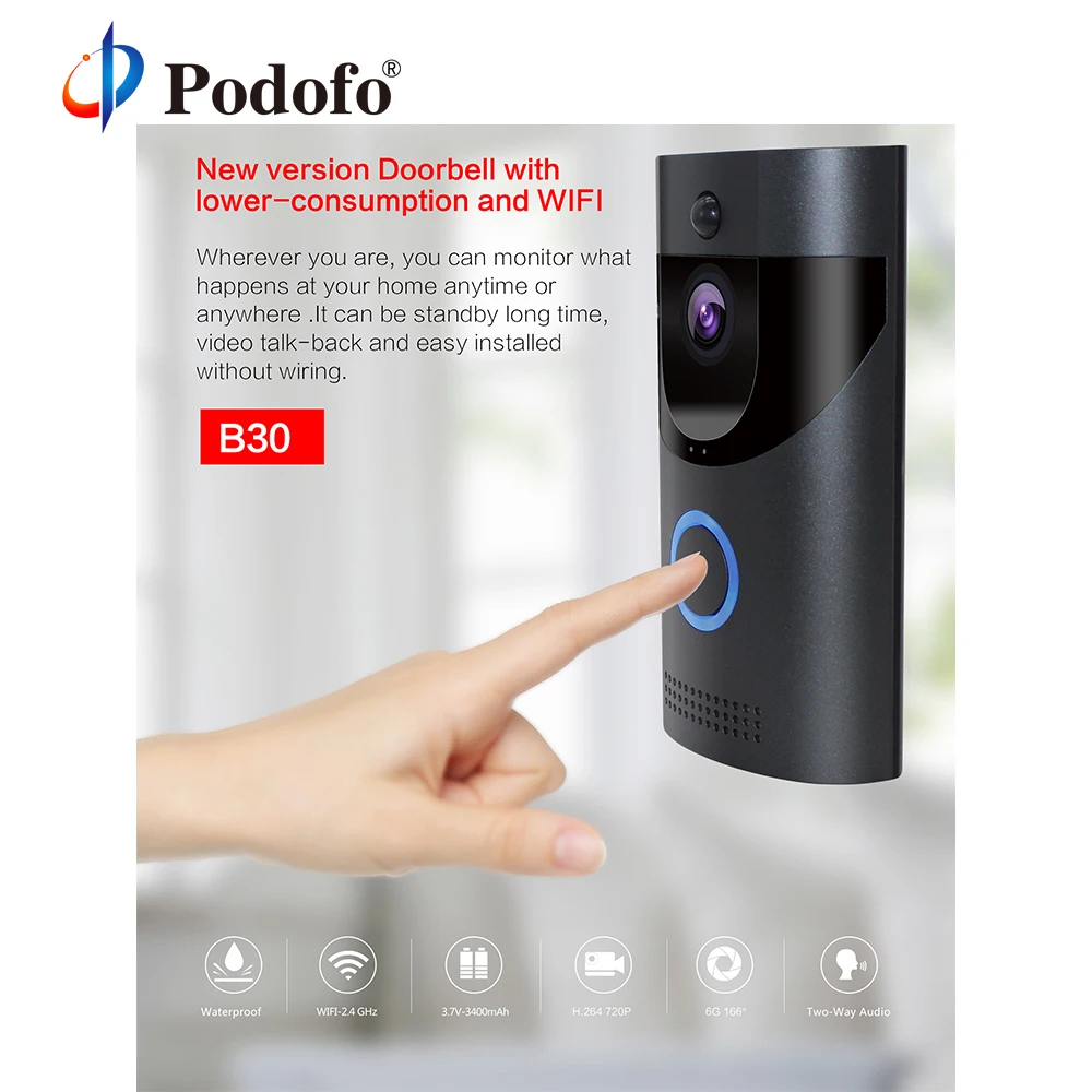 Умный дверной звонок Podofo B30 беспроводной Wi Fi видеодомофон камера ночного видения