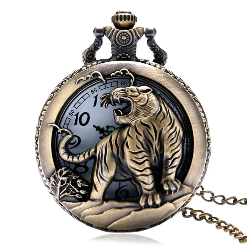 Xmas Gift Bronze Tiger Hollow Quartz Pocket Watch Clock Necklace Pendant Fob Watches Womens Men GIfts 4