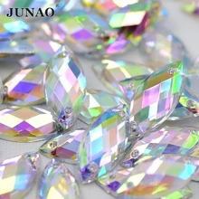 JUNAO-diamante de imitación para coser Cristal AB, 7x15mm, 100 piezas, piedras acrílicas planas, apliques para coser en Ojo de caballo, cristales de Strass para costura