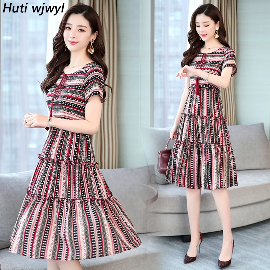 

2019 Vintage 4XL Plus Size Print Beach Dresses Summer New Striped Chiffon Boho Midi Sundress Women Bodycon Elegant Party Vestido