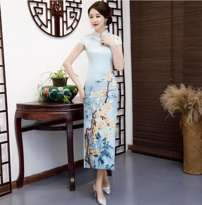 Модное китайское традиционное китайское платье Чонсам ручной работы с пуговицами, длинное платье Ципао с коротким рукавом, тонкое платье M-4XL - Цвет: 001A