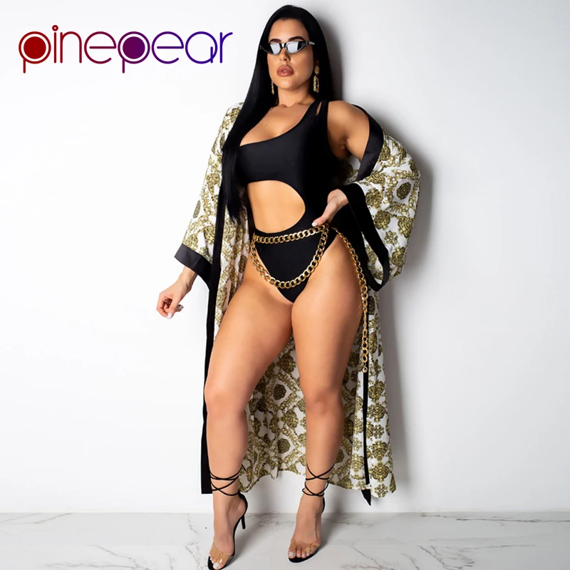 

PinePear Gold Chain Print Chiffon Cover Up and Hollow Out Bodysuit 2 Piece Set 2019 Summer Women Swim Suit Beach Wear Wholesale
