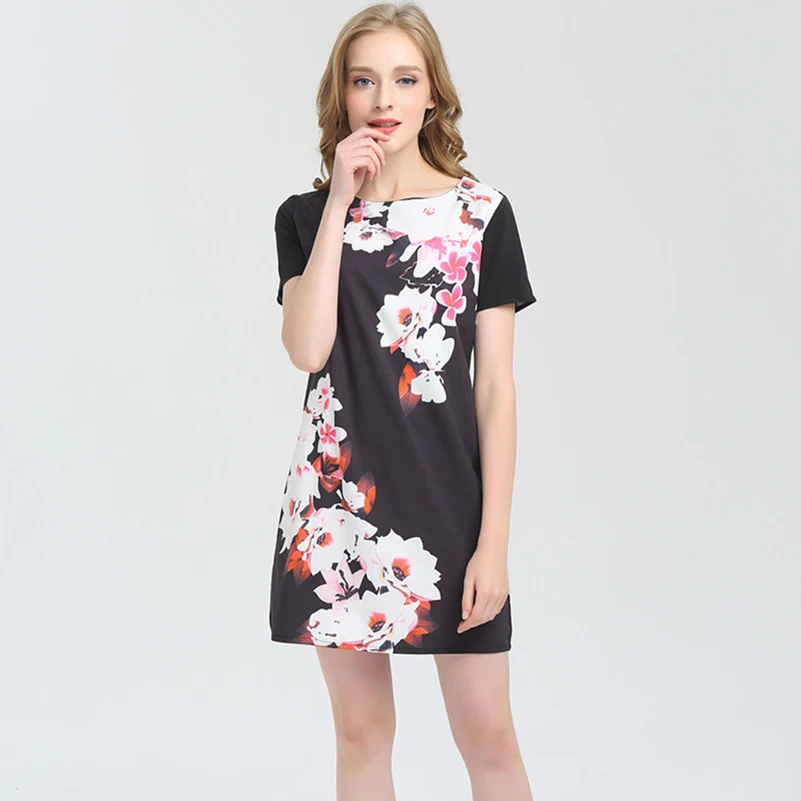 Ladies Floral Mini Dress Club Wear Summer Short Sleeve Black Work