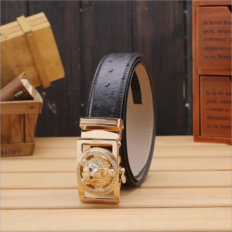 

2019 Men Gold Wolf Buckle Ostrich Grain Leather Belt Business Male Belt Luxury Business Casual Belt Quality Guarantee XKS070