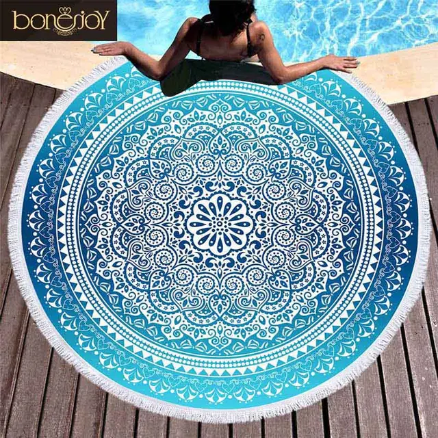 Bonenjoy Blue Color Bohemia Beach Towel Mandala Round Tassel Yoga Mat Toalla Beach Towel Diameter 150cm