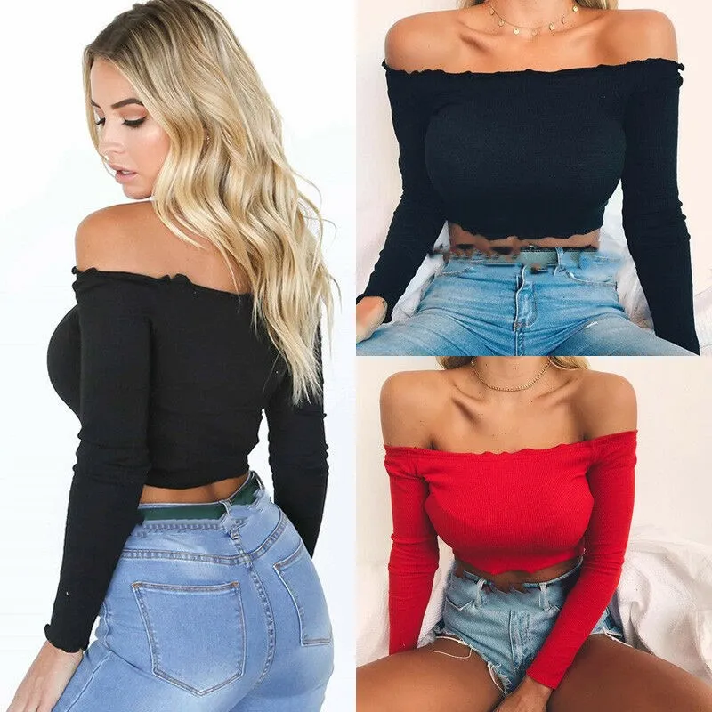 

New Style Women T-Shirt Slash Neck Long Sleeve Ruffles Tops Elastic Casual Solid Skinny Solid Summer Fashion Gift Hot 2019