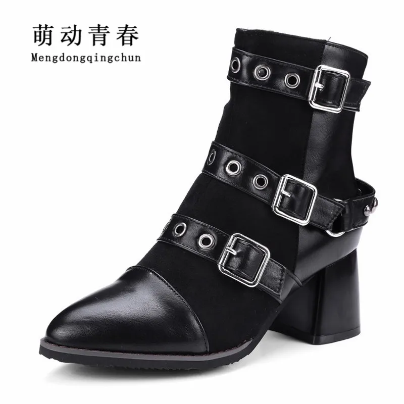 

New Women Winter Boots 2018 Women Fashion Pointed Toe Motorcycle Boots Buckle Strap Hoof Heels Patchwork