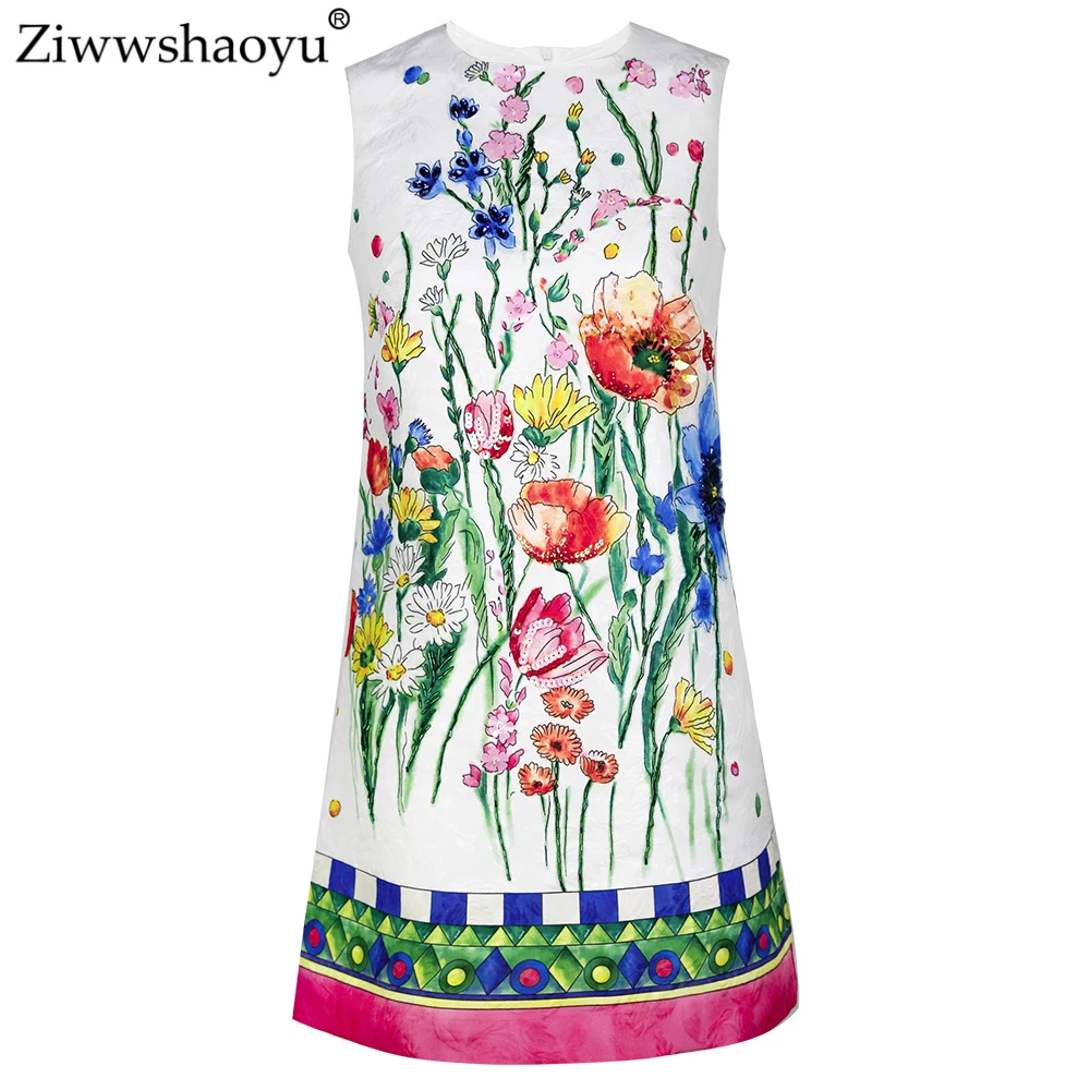 

Ziwwshaoyu Fashion Beading Mini dresses O-Neck Print Diamonds temperament Loose dress Summer new women's