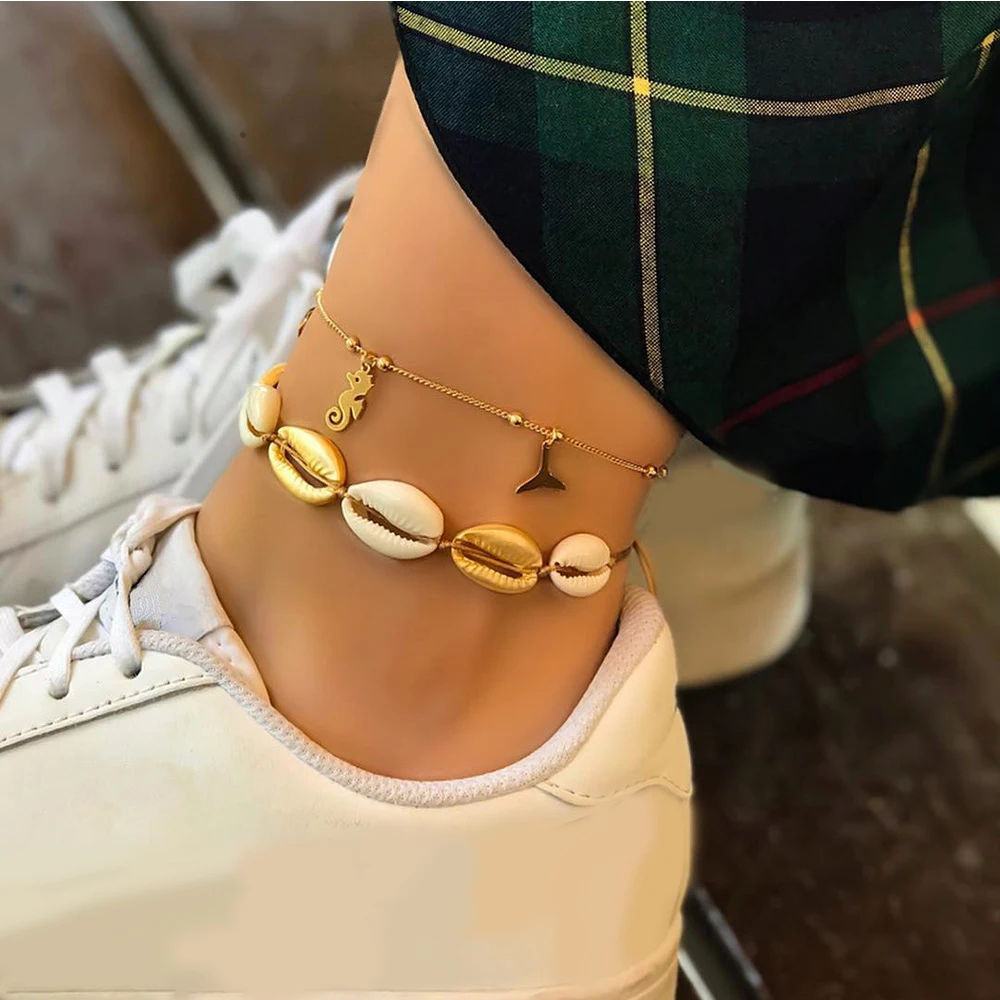 

Leisure Shell Beaded Mermaid Fishtail Hippocampus Pendant Woven Gold Anklets Girl Fashion Jewelry Accessories Women Anklet Set