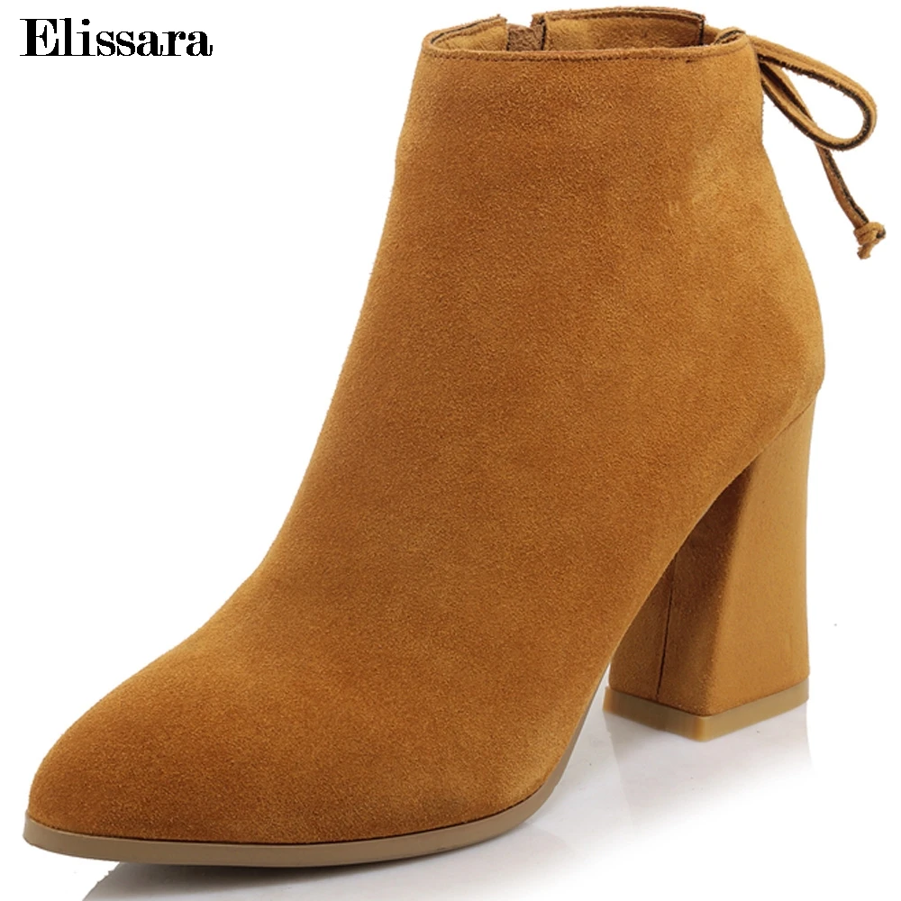 

Elissara Women Genuine Leather High Heel Ankle Boots Women Zip Pointed Toe Shoes Women's Winter Boots Plus Size 34-43