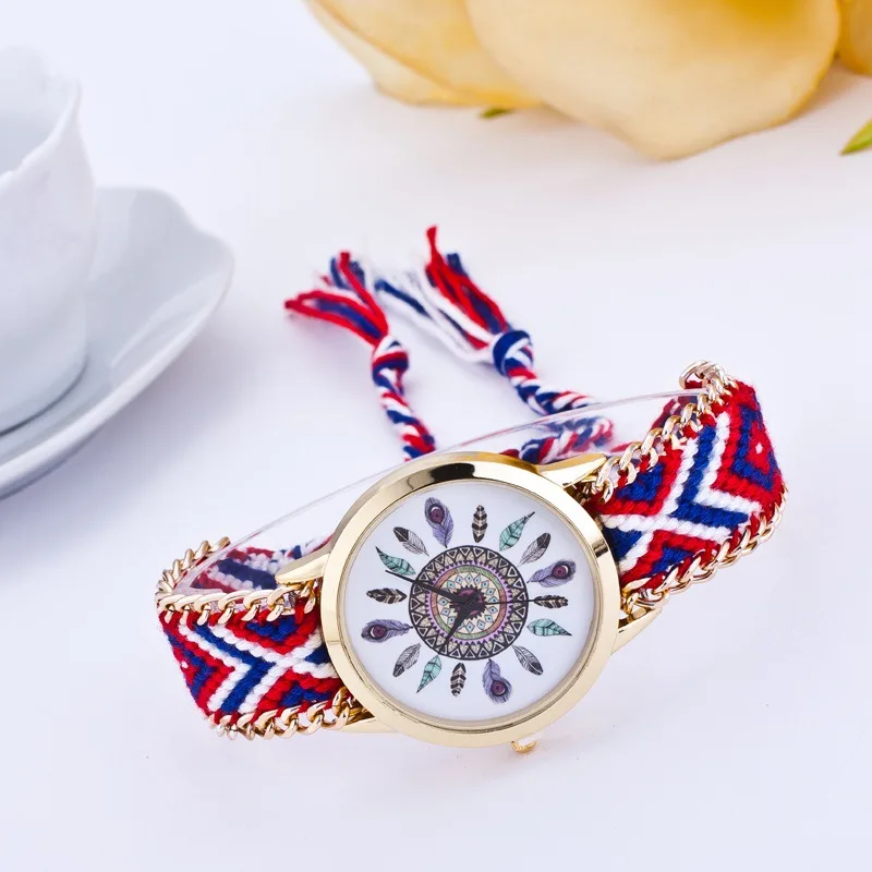 Перьевые ручные женские часы ручной работы Плетеные часы для браслетов дружбы кварцевые наручные часы с покрытием