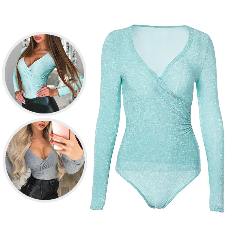 

Ladies Sexy Club Skinny Stretch Long Sleeve Body Tops Jumpsuits & Rompers Leotard Women Summer Spring V-Neck Bodysuits