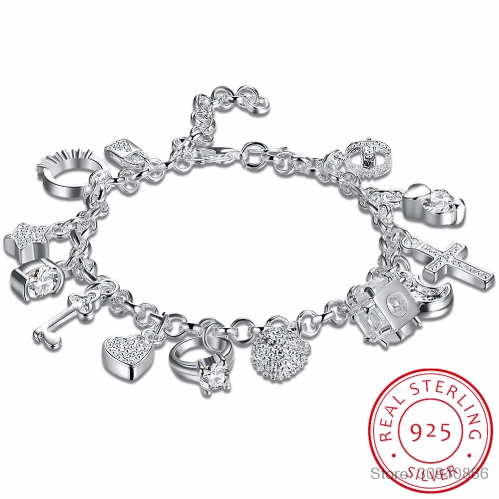 

925 sterling silver 13 charms Cross Lock Key Heart Star Moon Flower Zircon bracelet bangle women's fine jewelry Accessories