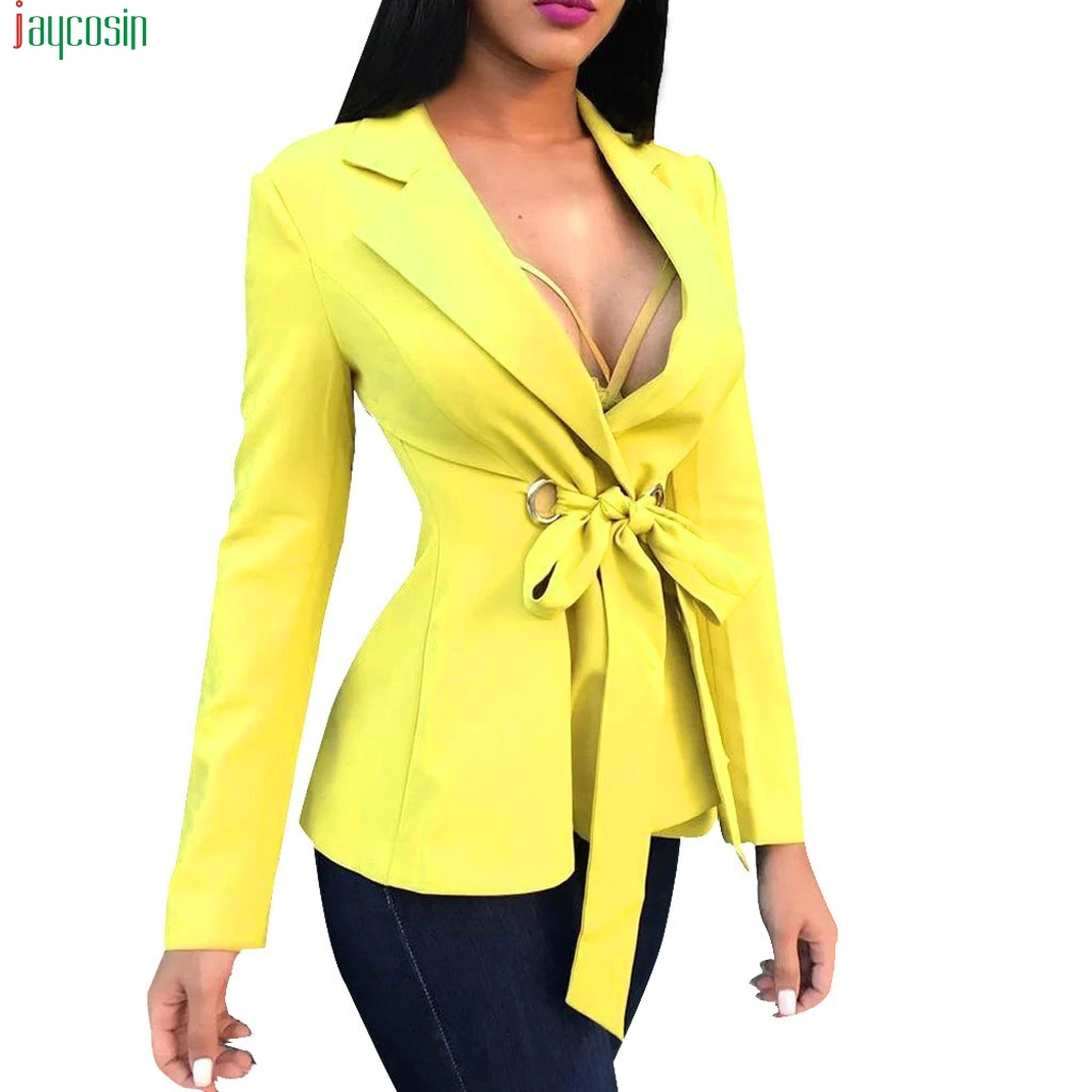

JAYCOSIN Fashion Yellow Suit Blazer Jacket Women Long Sleeve Sexy V Neck Bandage Blazer Elegant Slim Suit Coat Ladies Blazer new