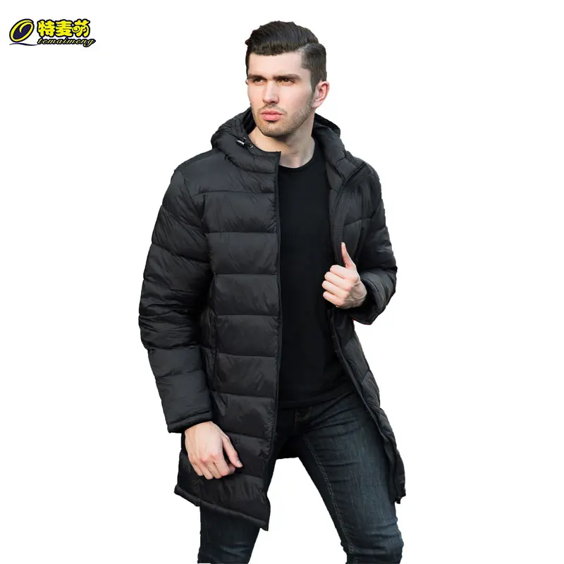 

Brand Qtemaimeng Men Winter Long Jacket with Hooded Casual Big Size 3XL Black Down Cotton Long Coat Windproof Warm Parka