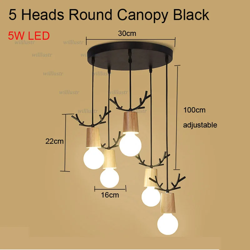 Деревянный светодиодный подвесной светильник с железными рогами для кафе, бара, ресторана, отдыха, пекарни, кухни, столовой, головы оленя, подвесной светильник в стиле арт-деко - Цвет корпуса: 5 Heads Round Black