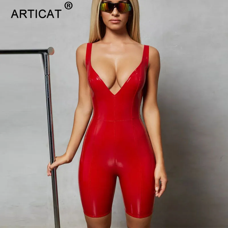 

Articat Deep V-neck PU Leather Sexy Jumpsuit Women Sleeveless Skinny Bodycon Rompers Womens Jumpsuit Casual Short Party Jumpsuit