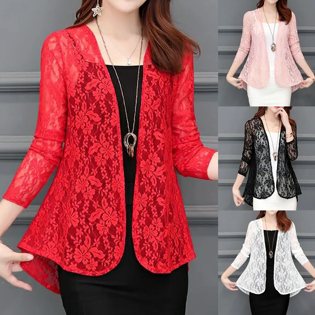 

Women Basic Coat Lace Daily Cardigan Sun Shirt Blouse Summer Lace Hollow Out Sunproof Long Sleeve Outwear Wild Cardigan
